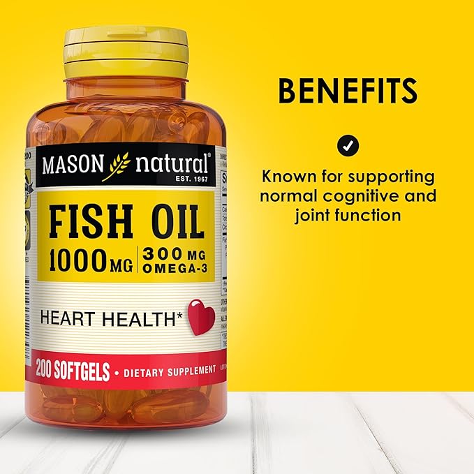 MASON NATURAL Omega,3 Fish Oil, 200,Day Supply, 1000mg with EPA and DHA for Joint Support, Softgel Pills