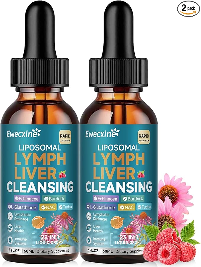 2 Pack Liposomal Lymphatic Drainage & Liver Cleanse Drops, 23-in-1 with Echinacea, NAC, TUDCA, L-Glutathione, for Lymph, Liver Detox & Repair, Immune Support, Raspberry Flavor, 4 fl oz Supplement