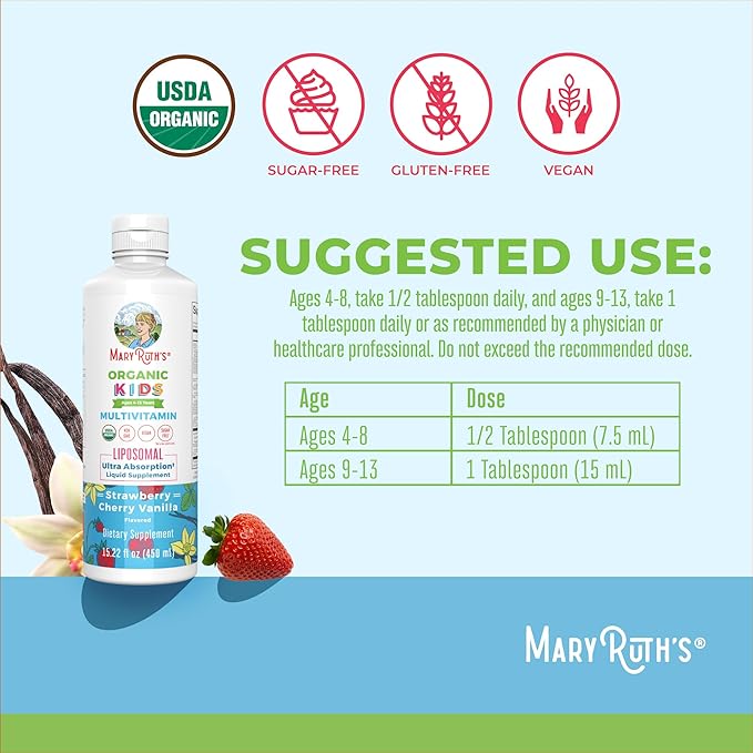 MaryRuth Organics Kids Multivitamin Liposomal | Vegan, Sugar-Free Vitamins for Kids | Ages 4+ | 2 Month Supply | 15.22 Fl Oz