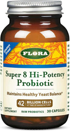 Flora Super 8 Hi Potency Probiotics 30 Count - Healthy Yeast Balance & Digestive Health - for Men & Women - 42 Billion CFU, Raw, Gluten Free - Up to 1 Month Supply