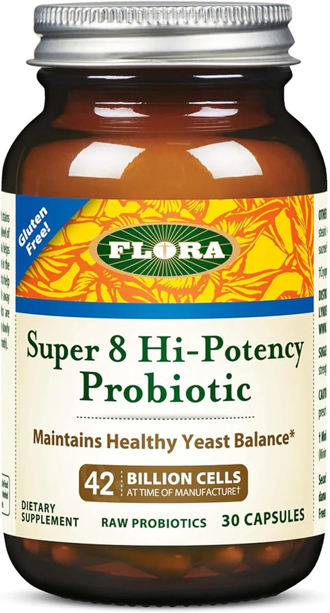 Flora Super 8 Hi Potency Probiotics 30 Count - Healthy Yeast Balance & Digestive Health - for Men & Women - 42 Billion CFU, Raw, Gluten Free - Up to 1 Month Supply