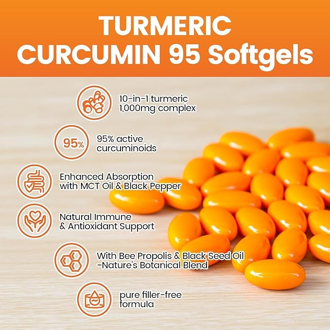 10-in-1 Turmeric Supplement Softgels, 95% Curcumin for 1000mg, Made Mct Oil, 60-Day Supply with Black Pepper, Ginger, Propolis Powder, Black Seed Oil, Saw Palmetto Oil, Zinc, Vitamin D3, E & More