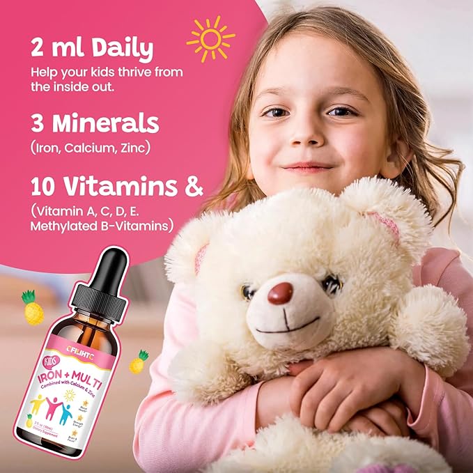 Liquid Iron Supplement for Kids, Women & Men - with Calcium, Zinc, Kids Multivitamin with Iron Drops - Blood Builder & Energy Support for Iron Deficiency, Anemia, Pineapple Flavor 4 Fl Oz