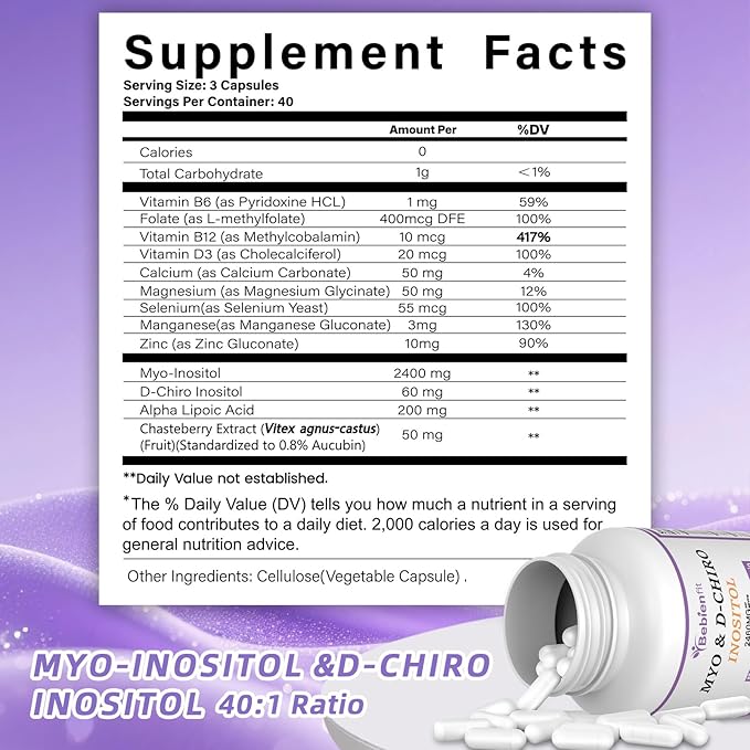 13-in-1 Myo Inositol & D-Chiro Inositol for Women,2460mg-40:1 Ratio Supplement Plus Alpha Lipoic Acid/Folate/Vitex/Magnesium,240 Vegan Capsules