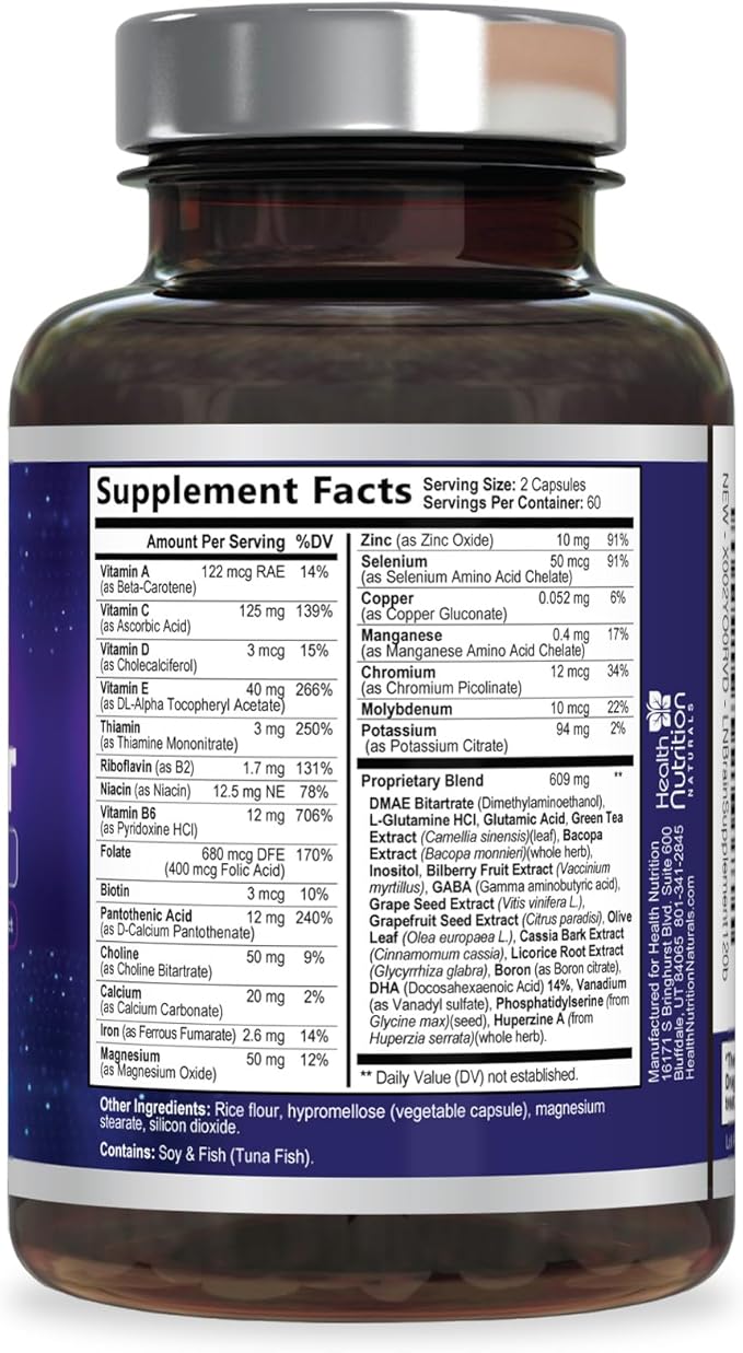 Brain Memory Supplement - 3X Strength Nootropics for Concentration, Clarity & Focus Support - Brain Health Cognitive Vitamins with Bacopa, Phosphatidylserine & DMAE, Brain Booster, 120 Capsules