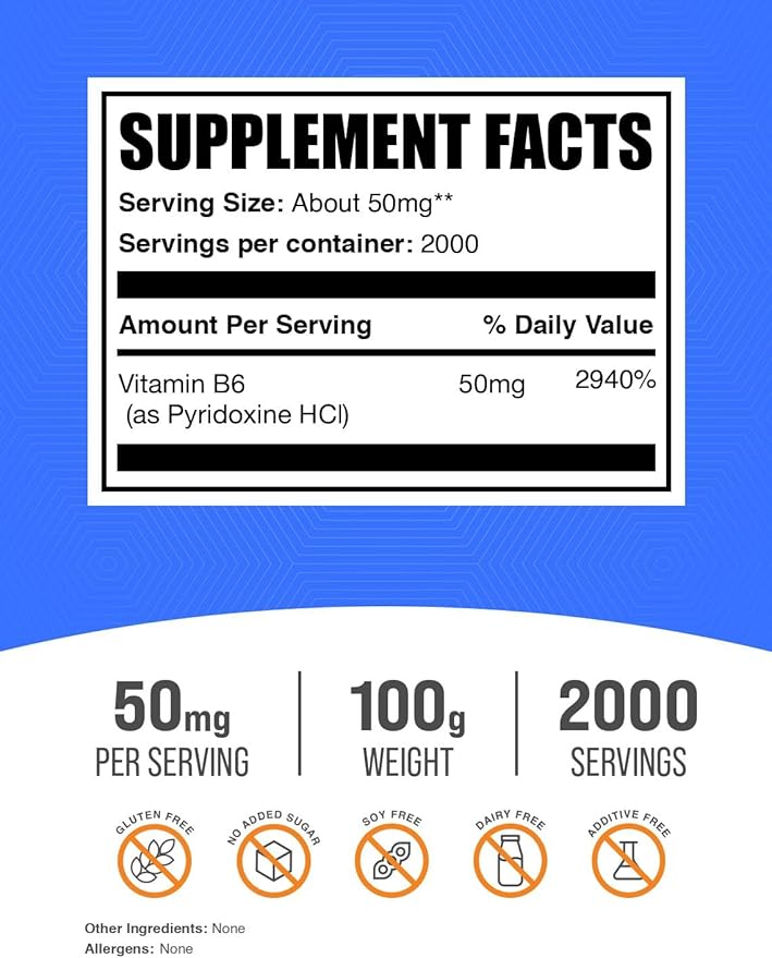 BulkSupplements.com Pyridoxine HCl Powder - Vitamin B6 Supplement, Vitamin Supplement - Gluten Free, 50mg of Pyridoxine B6 per Serving, 100g (3.5 oz) (Pack of 1)
