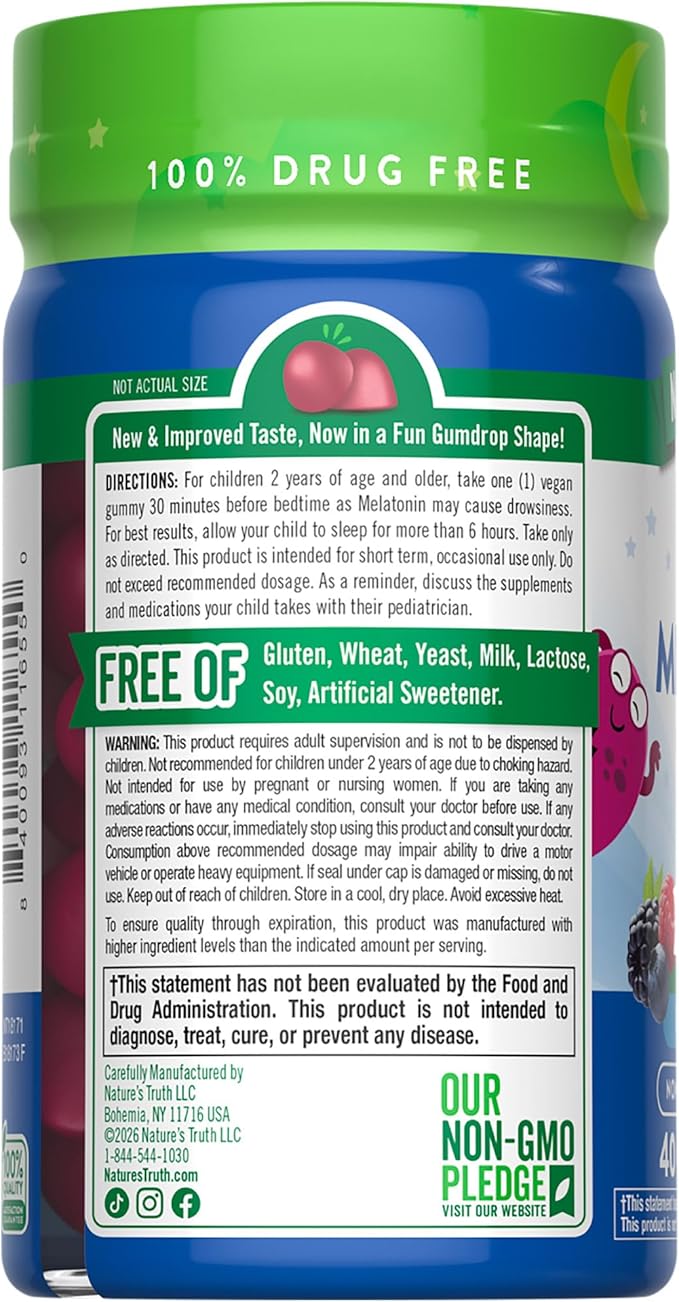 Nature's Truth Kids Melatonin Gummy | 1mg | 40 Count | Vegan, Non-GMO & Gluten Free Gummies | Mixed Berry Flavor