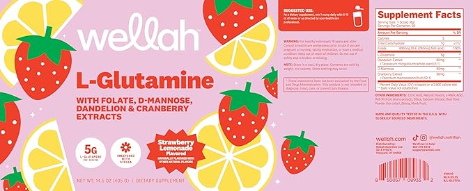 Wellah L-Glutamine Strawberry Lemonade Flavored (50 Servings) - 5g L-Glutamine Per Serving, Sweetened with Stevia