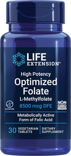 Life Extension High Potency Optimized Folate – L-methylfolate – Folic Acid, 8500 mcg DFE – Heart & Brain Support, Healthy Homocysteine Levels – Gluten-Free, Non-GMO, Vegetarian – 30 Tablets