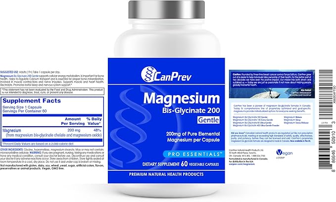 CanPrev Magnesium BisGlycinate 200mg Gentle 60 Veg Caps, 60-Day Supply, Chelated Magnesium Supplement for Bone & Muscle Support, Easy to Digest, Promote Relaxation & Comfort, Vegan, Non-GMO, No Sugar