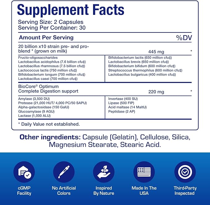 Digestive Enzymes with Probiotics and Prebiotics - Men & Womens Pre and Probiotic Supplement with 10 Diverse Strains & Broad Spectrum Enzymes for Digestion Bloating & Constipation Relief - 30 Servings
