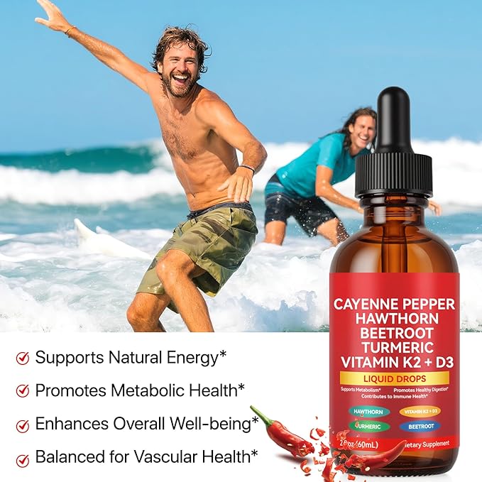 Cayenne Pepper Drops Supplement Liquid with Hawthorn Berry, Vitamin D3 K2 Beet Root Powder, Ceylon Cinnamon, Turmeric Curcumin, Organic Panax Ginseng, Berberine Extract Organic