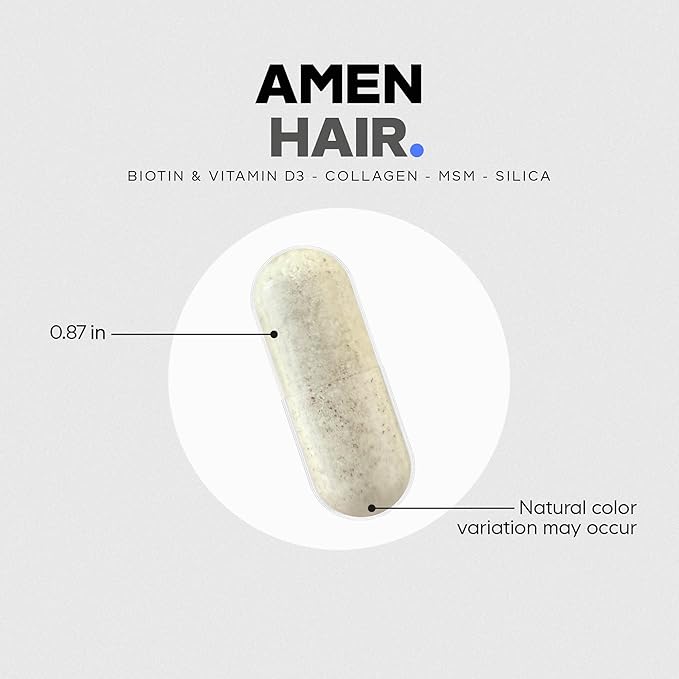 Amen Hair Vitamins - 10,000 mcg Biotin, Collagen Powder - Vitamin C, D3 & E, Pantothenic Acid, MSM, Zinc, Hyaluronic Acid, Inositol & Horsetail Extract - Non-GMO Hair Pill Supplements - 60 Capsules
