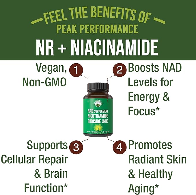 Peak Performance Nicotinamide Riboside NR Supplement Capsule - NMN Alternative NAD Supplement + Niacinamide for NAD+ Levels As We Age - 3rd Party Tested, Non-GMO, Vegan Vitamin for Women and Men