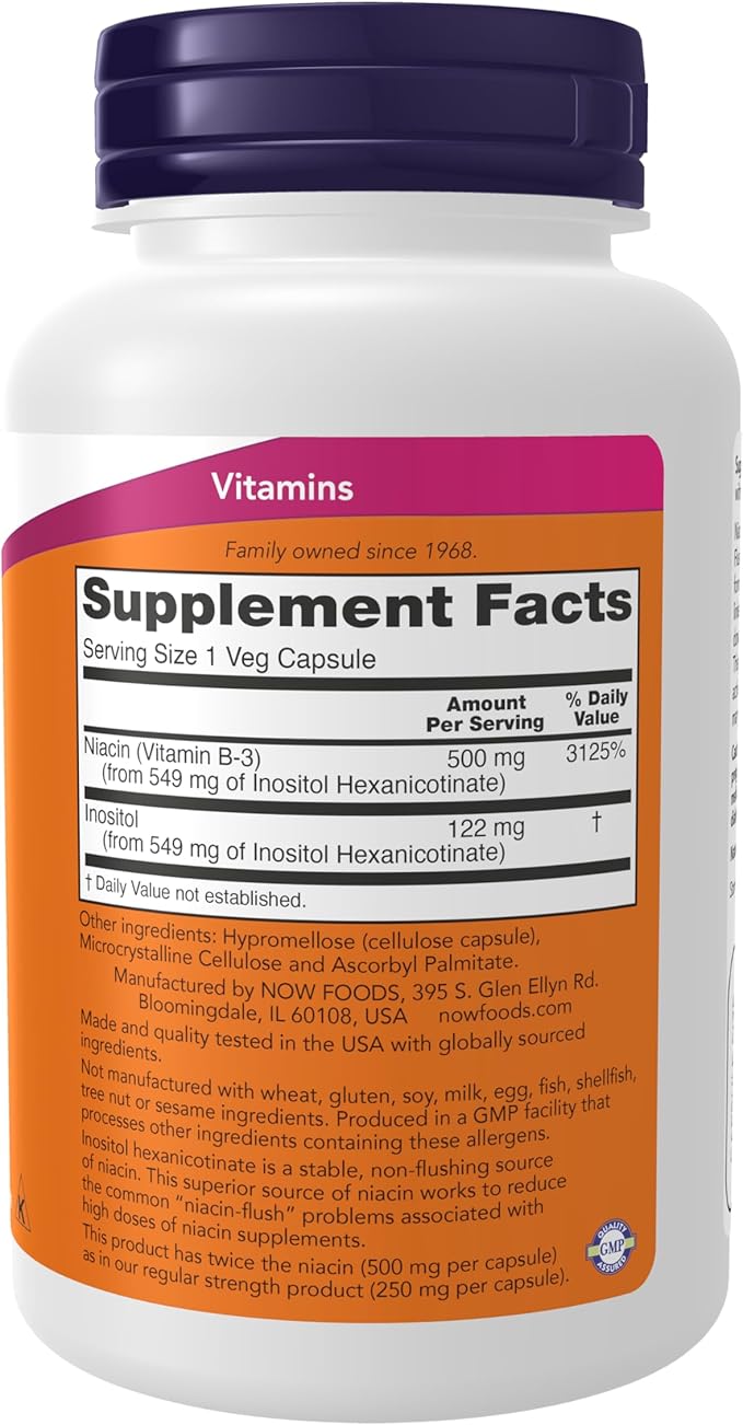 NOW Foods Supplements, Niacin (Vitamin B-3) 500 mg, Flush-Free, Double Strength, Nutritional Health, 90 Veg Capsules