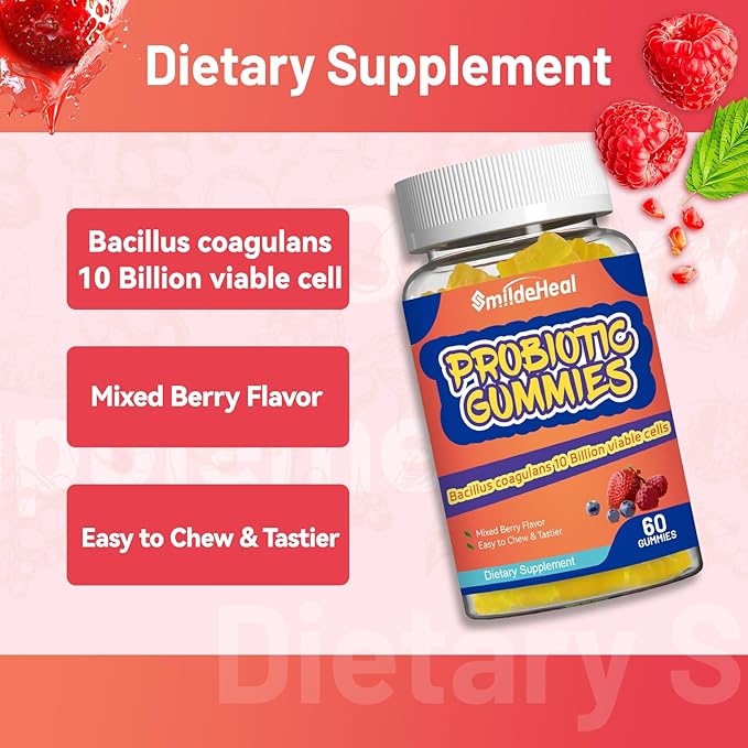 Probiotic Gummies for Digestive Health - 10 Billion CFU Bacillus Coagulans - Vegan & Non-GMO - Immune & Digestive Support for Men & Women - Strawberry & Mixed Berry Flavor, 60 Count