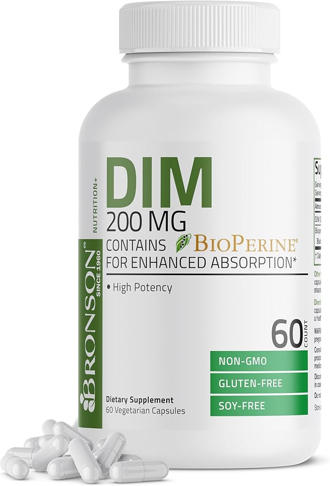 Bronson DIM 200 MG Supplement Diindolymethane with BioPerine for Enhanced Absorption, Estrogen Metabolism & Maintains Balanced Hormone Levels, 60 Vegetarian Capsules