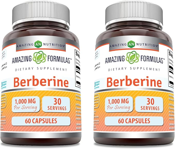 Amazing Formulas Berberine 1000mg Per Serving Capsules Supplement | Non GMO | Gluten Free | Made in USA (60 Count | 2 Pack)