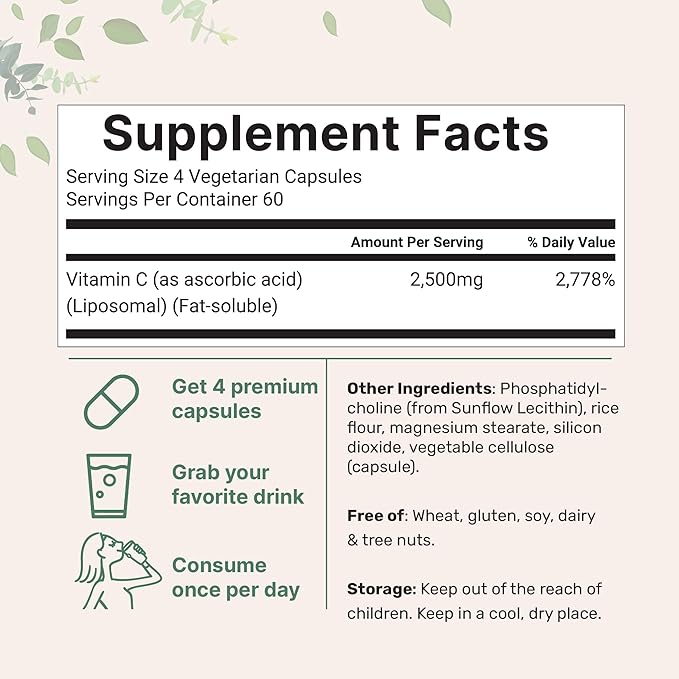 Liposomal Vitamin C 2,500mg, 240 Veggie Capsules | Highly Bioavailable Fat Soluble Form | Immune Support & Antioxidant Supplement | Liposomal Delivery for Superior Absorption | Non-GMO, Gluten Free