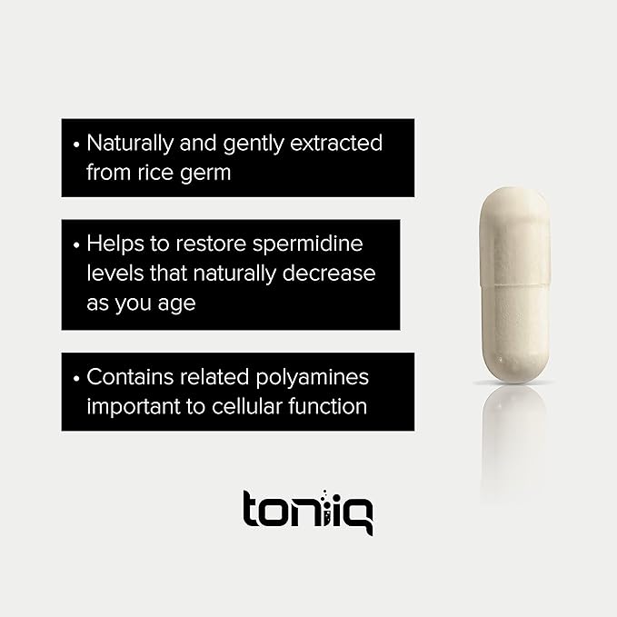 Toniiq Ultra Concentrated 500mg Spermidine Supplements for Men and Women - Non-Synthetic Spermidine Standardized to No Less Than 1% - 5mg per Serving Rice Germ Extract