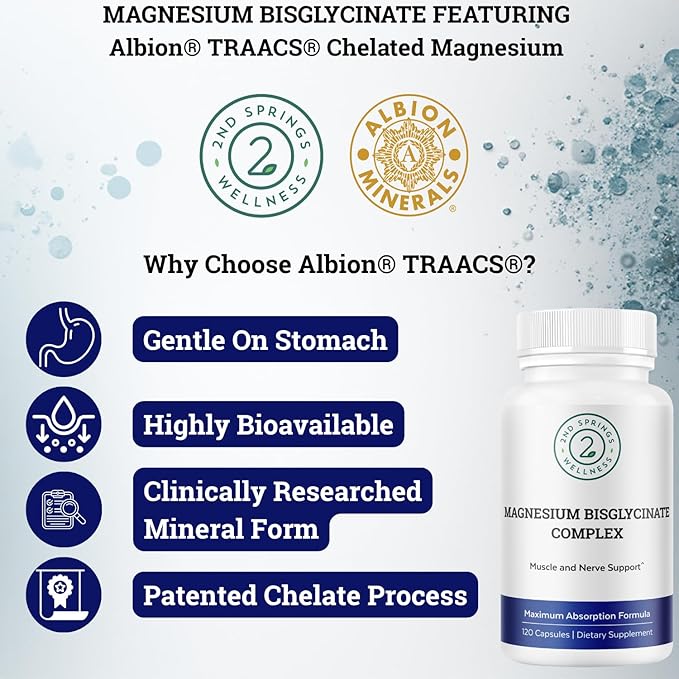 Magnesium Bisglycinate Complex 400mg – Albion TRAACS Chelated Magnesium for Maximum Absorption – Gentle on Stomach, Highly Bioavailable Magnesium Supplement – 120 Capsules