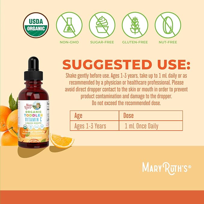MARYRUTH'S Organic Toddler Vitamin C Drops for Immunity | Ages 1-3 Years | 15 mg Per Serving | Vitamin C for Immune Support & Overall Health | Vegan | Sugar Free | Gluten Free | Non-GMO | 30 Servings