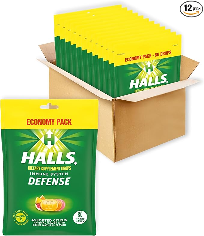 HALLS Defense Assorted Citrus Vitamin C Drops, Dietary Supplement Drops, Economy Pack, 12 Bags (960 Total Drops)