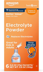 Amazon Basic Care Electrolyte Powder Packets for Kids & Adults, Orange Flavor, 6 Count (Pack of 1)