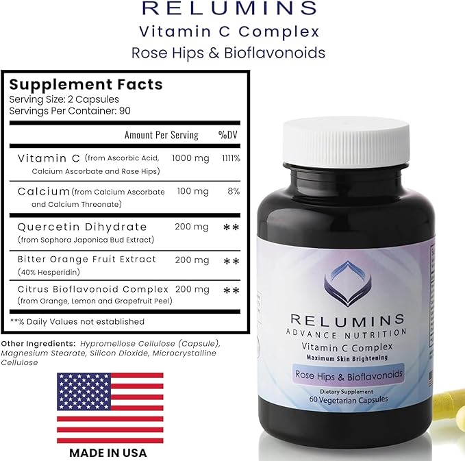 Relumins Advanced Vitamin C Supplement with Rose HIPS - 1000mg of Vitamin C Immune Support & Collagen Production, Made in USA, Ultimate Wellness Gift for Mom, 60 Capsules (30-Day Supply)