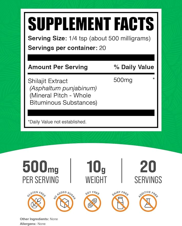 BulkSupplements.com Shilajit Extract Powder - Fulvic Acid Supplement, Shilajit Supplement - Gluten Free, 500mg per Serving of Shilajit Powder, 10g (0.35 oz) (Pack of 1)