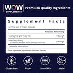 WOW Supplements CoQ10 100 mg with Hawthorn Berry - High Absorption CoQ10 100mg for Energy Production, Heart and Cellular Health - Non-GMO, Gluten-Free Coenzyme Q10 100mg Supplement - 90 Capsules