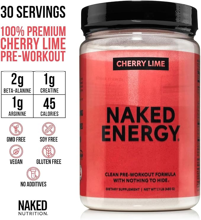 NAKED Cherry Lime Energy - Clean Pre Workout Supplement for Men and Women, NSF Certified, Vegan Friendly, No Added Sweeteners, Colors Or Flavors - 30 Servings