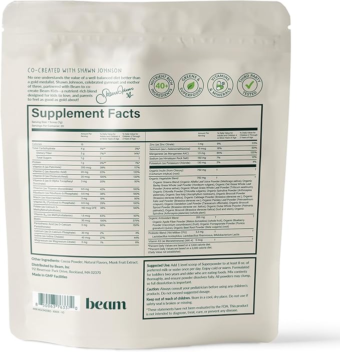Beam Kids Multivitamin Powder – Kids Vitamins with Greens, Probiotic & Prebiotic, Immune Support for Children & Toddlers, No Artificial Sweeteners, for Picky Eaters, 20 Servings, Chocolate Flavor