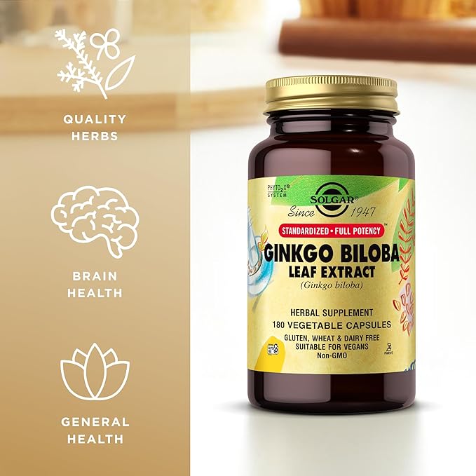 Solgar Ginkgo Biloba Leaf Extract - 180 Vegetable Capsules - Standardized Full Potency (SFP) - Non-GMO, Vegan, Gluten Free, Dairy Free, Kosher - 180 Servings
