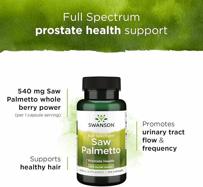 Swanson Saw Palmetto Full Spectrum Herbal Supplement for Men Seeking Prostate, Hair, and Urinary Health Support - 540 mg (100 Vegan Capsules, 2 Pack)
