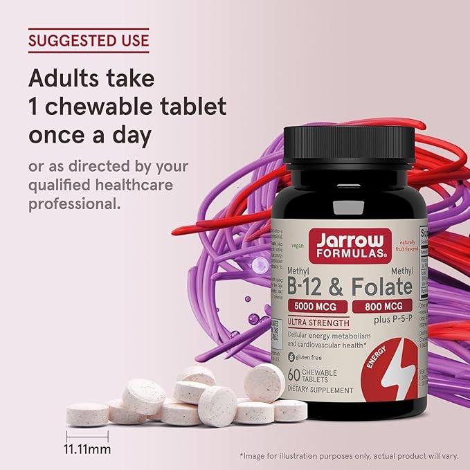 Jarrow Formulas Methyl B-12 & Methyl Folate, Bioactive Vitamin B9 and Vitamin B12 Supplement, Healthy Brain Function & Metabolism, 60 Chewable Tablets, 60 Servings (Pack of 2)