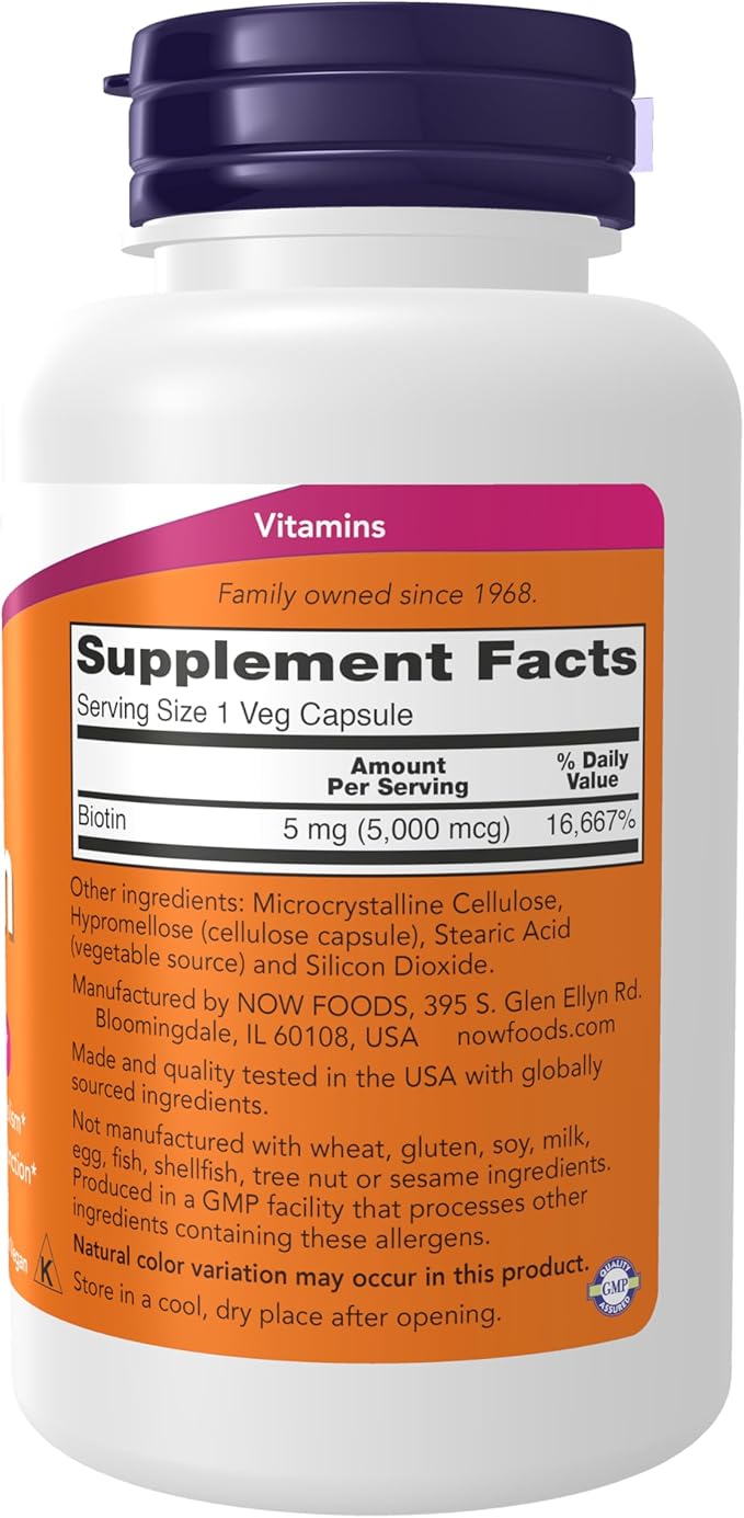 NOW Foods Supplements, Biotin 5,000 mcg, Amino Acid Metabolism*, Energy Production*, 120 Veg Capsules