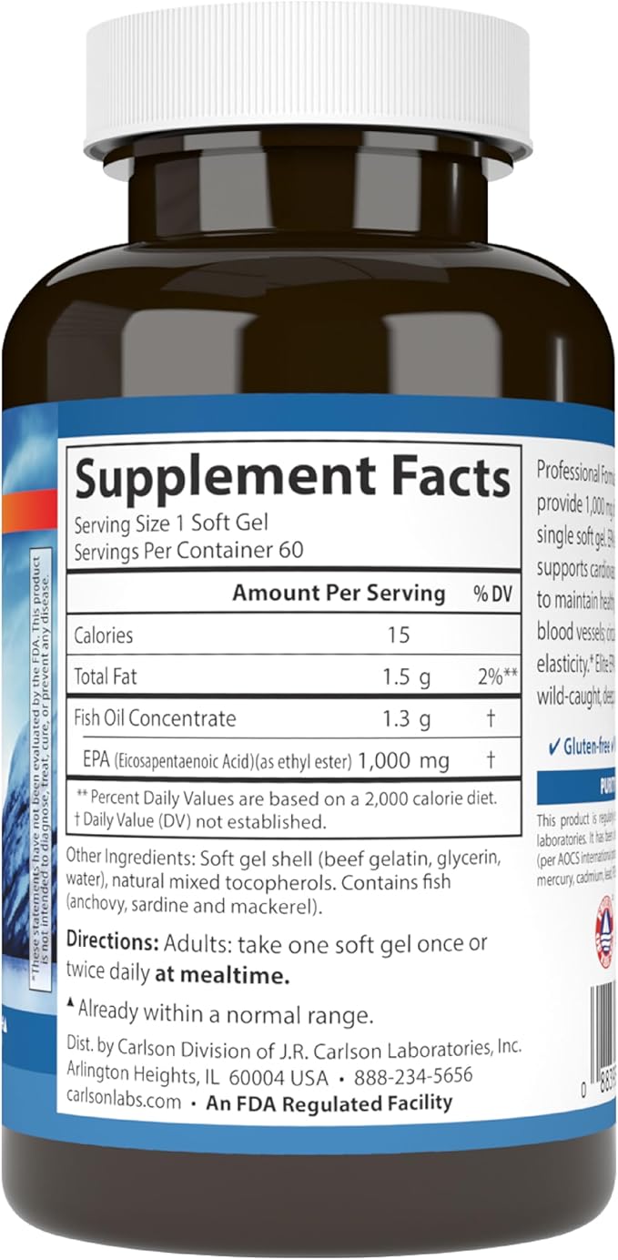 Carlson - Elite EPA Gems, 1000 mg EPA Fish Oil, Wild-Caught, Norwegian Fish Oil Supplement, Sustainably Sourced, Helps Maintain Healthy Triglyceride Levels, 60 Softgels
