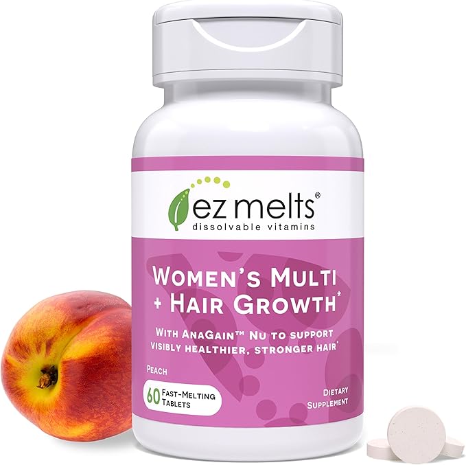 EZ Melts Women's Multi + Hair Growth - Daily Multivitamin for Women - Supports Healthy Energy Levels & Reduced Hair Shedding - Non-GMO & Vegan - Peach - 60 Dissolvable Tablets (30 Servings)