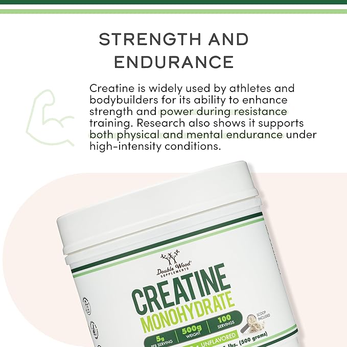 Creatine Monohydrate Powder 1.1lbs (100 Servings of 5 Grams Each) - No Fillers, Vegan Safe, Non-GMO, Gluten Free by Double Wood