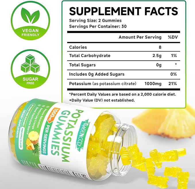 Potassium Citrate Gummies 1000mg, High Potency Potassium Supplement Gummies for Adults Women & Men, Support Muscle Health, Sugar-Free, Pineapple Flavor, 60 Count
