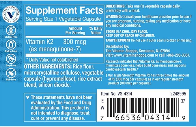 The Vitamin Shoppe Vitamin K2 MK-7 300mcg Triple Strength - Bone & Heart Health | Menaquinone-7 | 60 Vegetable Capsules | High Potency