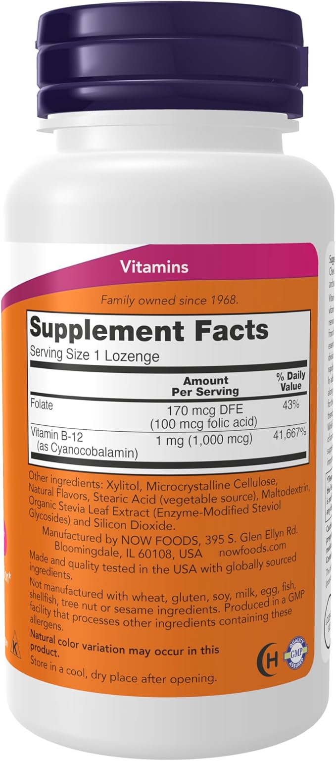 NOW Foods Supplements, Vitamin B-12 1,000 mcg with Folic Acid, Nervous System Health*, 250 Chewable Lozenges, (Pack of 2)