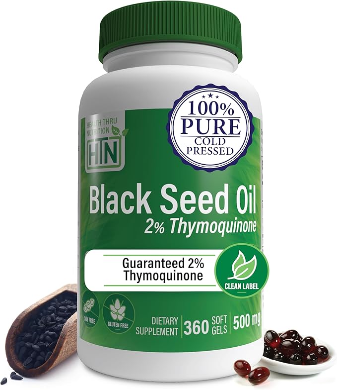 Health Thru Nutrition Black Seed Oil 500mg 360 Softgels | High Potency 2% Thymoquinone | 3rd Party Tested | Pure Cold Pressed | Organically Grown | Non-GMO, Gluten Free, Soy Free