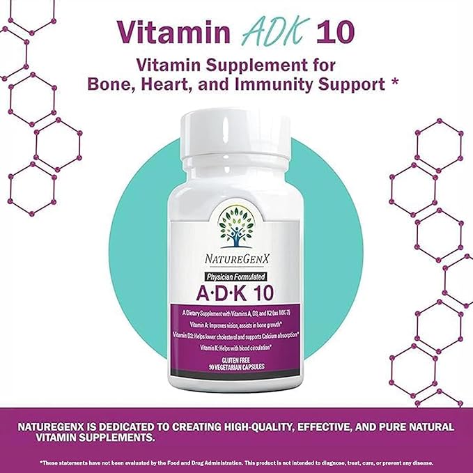 ADK10 – Vitamins A, D3 250 mcg & K2 MK-7 for Bone, Heart & Immune Health – Non-GMO, Gluten-Free, Soy-Free – 90 Capsules (3-Month Supply)