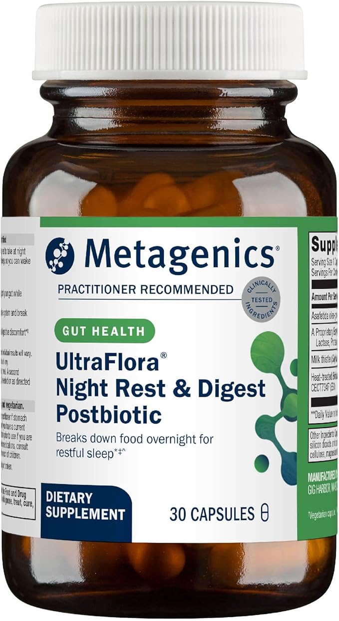 Metagenics UltraFlora Night Rest & Digest Postbiotic - Postbiotic Capsules - Digestive Enzymes & Botanical Extracts - Nighttime Formula to Support Gut-Brain Connection & Restful Sleep - 30 Capsules