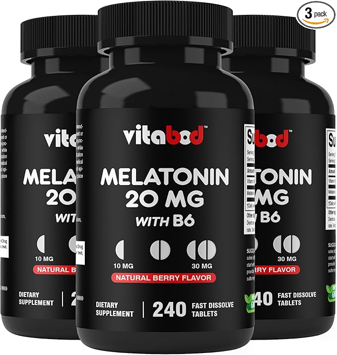 Vitabod Melatonin 20 mg - 240 Fast Dissolve Tablets - Drug Free - Natural Berry Flavor - Vegetarian, Non-GMO, Gluten Free 240 Count (Pack of 3)