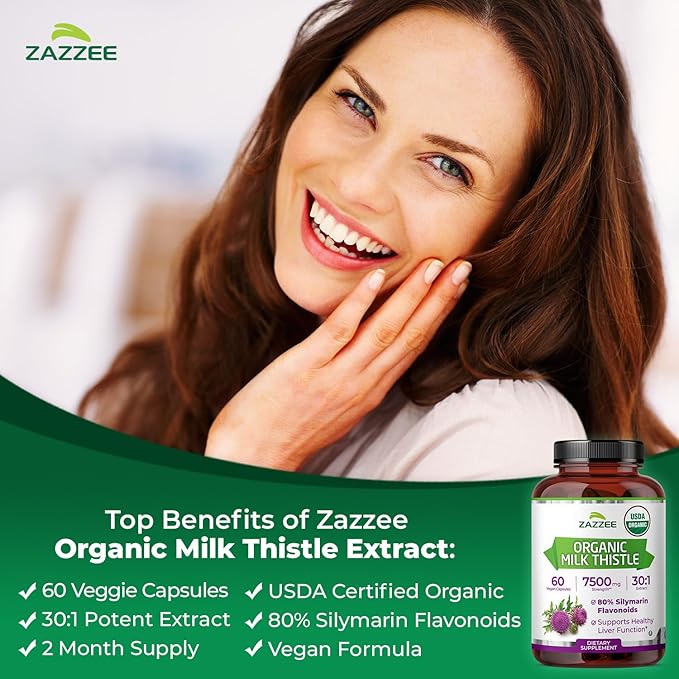 Zazzee USDA Organic Milk Thistle 30:1 Extract, 80% Silymarin, 60 Vegan Capsules, 2 Month Supply, Certified Kosher, High Potency Liver & Antioxidant Support, Silybum Marianum, Non-GMO, Made in the USA