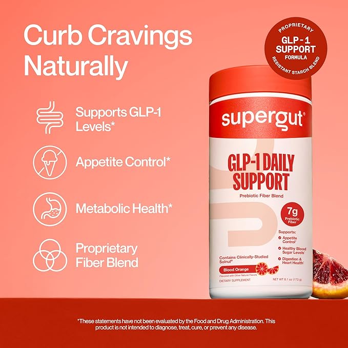 Supergut GLP1 Daily Support, Blood Orange - High Fiber GLP-1 Supplement Powder for Women & Men - Sugar-Free Drink Mix for Gut Health & Digestive Support (18 Servings)