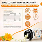 Eye Health Supplements for Macular Support, Lutein 20mg + Zeaxanthin 10mg with Bilberry, Vitamins C, E & Zinc, Macular & Vision Support for Adults & Seniors, Non-GMO, Gluten Free, 60 Softgels